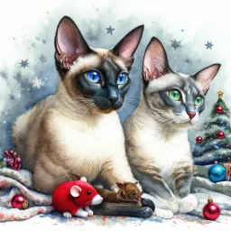 Surreal mixed-media combining wet watercolor, tempera paint, and fine line pen drawing of a wedge shaped face, large ears, green eyed, blue and white mackerel tabby, Oriental Shorthair and a chocolate point Siamese cat sitting together on a blanket with toy red mouse and at xmas time