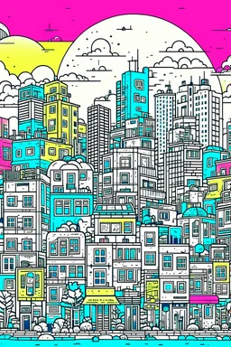 An illustration about a caotic city with a lot of elements using online 2 colors