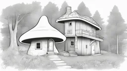 Ground-level outline sketch of a mushroom house in the woods