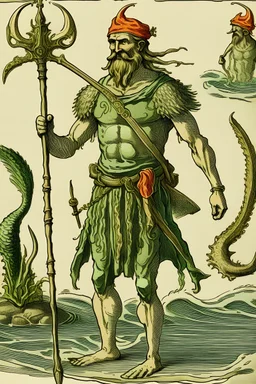 mezzo tritone e mezzo uomo vestito con dei pantaloni fatti da alghe e una maglia fatta di conchiglie e alghe armato di tridente e alla cintura una spada con l'elsa fatta da una lisca di pesce, un pugnale con la stessa lisca, una mappa e una bussola