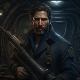 The submarine weapons expert Sylas Steinhardt, a well groomed dark haired man with scars on his face realistic grimdark setting,