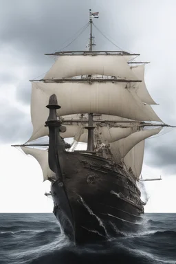 Ship front view with a Spider figurehead at night in a storm with giant waves