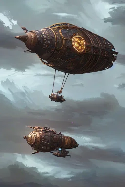 steampunk airship in a storm with lightning