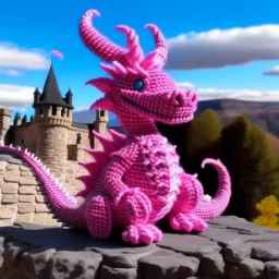 A pink magical dragon on top pf a castle designed in Navajo yarn