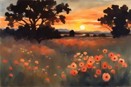 Amazing beautiful sunset, flowers, prairie, mountains, trees, epic, winslow homer watercolor paintings