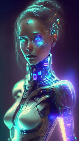 Image d'un cyborg femme humanoid futuriste avec un regard aguicheur et un peu de glow effect visible jusqu'aux hanches