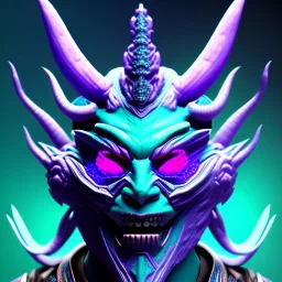 oni purple masked villain in galaxy, teal and purple smoke, detailed, realistic, 4k