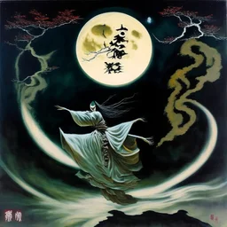 Japanese Shodo acrylic on silk painting, fantastical Lovecraftian witch levitating sleeping thralls, dynamic composition, large surreal moon in background, natural lighting, Wiccan wooded symbols, epic masterpiece