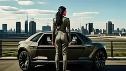 tall thin woman, with black straight hair, dressed in a camouflaged jumpsuit, looking out from the rear of a futuristic aircar, on a tarmac runway, with a city skyline in the distance