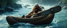 ancient bald fat ogre troll machete sitting relaxed in huge massive kayak in rapid stream, smacking fish with big metal chain saw oar with spikes