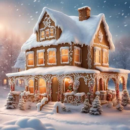 house gingerbread exterior in snowy landscape. Dmitry Vishnevsky, Catherine Welz Stein, Anna Bocek. very cute, bright, excellent quality, colorful, high detail, clear focus, imaginative, elegant, extremely detailed, imaginative, 8k, very attractive, beautiful, fantastic view, hyperrealistic, over-detailed, high resolution, excellent quality,