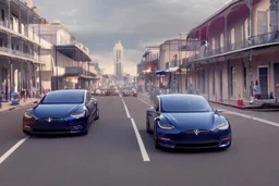 A Tesla 'Model S' is racing at top speed, on the streets of New Orleans. (CINEMATIC, WIDE ANGLE LENS, PHOTO REAL)