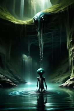 A scary alien creature standings by A waterfall underground in a cave with small lake