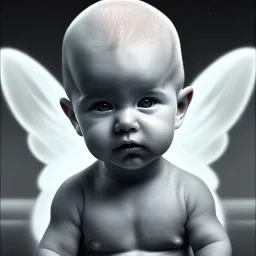 bw,a human baby artist called tobias leander with no hair,halo, wings, drinking, sitting in chair, photo realistic spray painting, book cover illustration