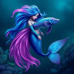 A mermaid inspired by a betta fish. She has flowing blue-to-pink hair, glowing teal and lavender eyes, and iridescent oceanic armor. Her long, graceful tail mimics betta fins, starting in deep cobalt and fading into vivid purples and pinks. Delicate fins fan out from her tail, rippling gracefully as she swims. realistic, high definition, intricate details, swimming in the ocean