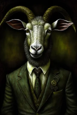 Victorian, goat head, spooky, creepy, portrait, suit, painting
