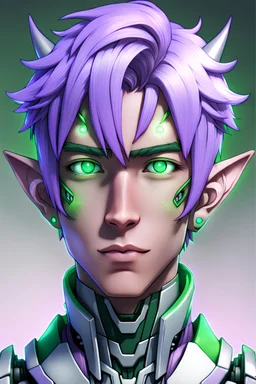 Anime light-skinned, green-haired, and lilac-eyed male robot with elf ears, portrait, manga style, 8K resolution, high quality, ultra graphics, and detailed with lines.