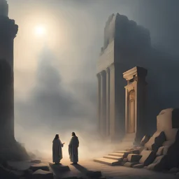 Христос и нищий перед храмом,руины храма,гора,туман,яркий свет