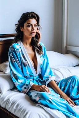 a supermodel in designer sleepwear sitting on bed for magazine cover photoshoot