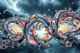 Dynamic complex hypnotic fractal 3D structures horizontal Symmetry twisting and morphing between organic and geometric forms , smooth translucent iridescent glass with inner glow and bubbles, varied transparent materials, stormy skies, intense dramatic