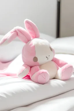 Small light pink bunny plush laying in a hospital bed