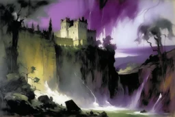 A violet castle in a thunderstorm near an acid pool painted by John Singer Sargent