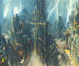 Art by John Berkey and John Harris, lush, Cenral Park New York 2077 in the middle of high rise buildings, trending on Artstation, bird's eye view, extremely hyperdetailed, epic composition, cinematic lightning + masterpiece, sharp focus, epic composition