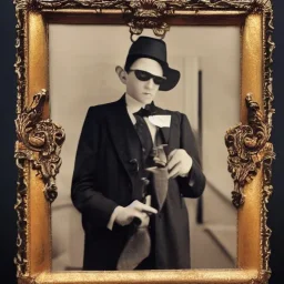 create a framed af a poime with a horn in 1920's attire