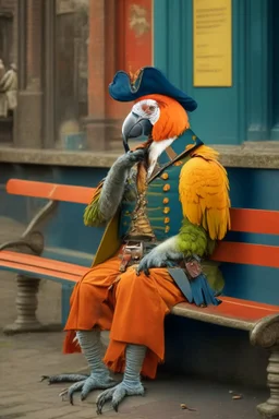Half parrot half human in a 1700s Orange Dutch uniform siting on a bench , smoking a cigarette in a Dutch city