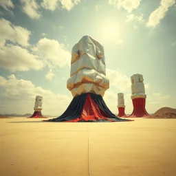 Fotografia di una superficie piatta di colore beige chiaro e giallo pastello, su cui si ergono alcuni gigantesche immense enormi strutture di forma surreale, fatte di materiali vari, ricoperte da materiale plastico argentato, rosso, e nero, che scende a terra. Salvador Dalí, Max Ernst, Audubon, Piet Mondrian, paranoic, obsessive, nightmare, aria aperta, sole, nuvole, glossy, surreal, hasselblad h6d400c --ar 85:128 --v 6.