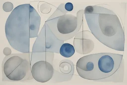 abstract watercolour , ink transfer lines, bifurcated circles, Paul Klee ,grey and blues