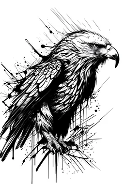 A brushstroke blak ink line work trash polka style eagle design on white background