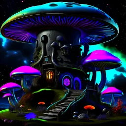 A fantabulous black, green, and blue (((mushroom tower house))) erected atop a (geologic pillar), surrounded by the uncanny imaginative ((( swirling skies))), offset by the stark hues of a (neon-tinged nebulous space scape), within. captured by the hand a skilled master painter with a focus on (softly blurred compositions and voluminous lighting).