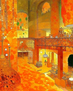 An orange colored crystal factory in a plague painted by Gustav Klimt