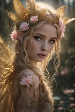 Pointed elven ears,Blonde hair ,Pink dress,Sparkling fairy wings,Very long golden hair,Fairy crown,pointed ears,elven ears,fairy wings,water lilies,sparkling,glittering,flowers,blossoms,golden crown,light pink dress