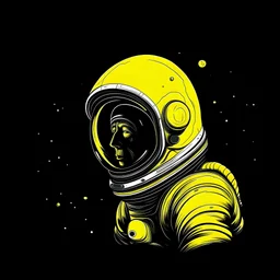 Astronaut in yellow float in dark space cartoonish head looking up with harpun