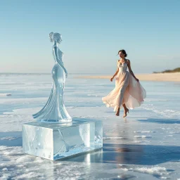A cinematic miracle scene. An artistic ice sculpture of a woman wearing an elegant, flowing gown stands on an ice block in a frozen sea. The clear ice begins to melt, and in a magical transformation, she turns into a real woman wearing a beautiful high-fashion dress. She joyfully walks across the ice toward a sunlit beach. Focus on the ethereal and artistic quality of the transformation.
