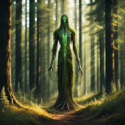 a slender forest spirit wraith ghost spectre with long long separated legs, with highly detailed, sharply lined facial features, in the deep forest of Brokilon , finely inked, in rustic colors, 4k in the style of Peter Mohrbacher source vibrations, bokeh like f/0.8, tilt-shift lens 8k, high detail, smooth render, down-light, unreal engine, prize winning