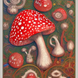 Red large Amanita muscaria mushrooms in a silver basket , Patchwork art,high detailed,dynamic colors,intricate.