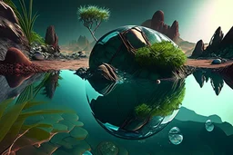 exoplanet, water reflection, rocks, vegetation