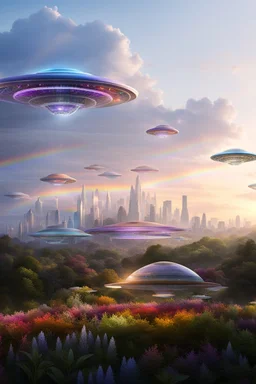 ufo rainbows, cité cristal très futuriste ultra moderne, ufos fleet, intergalactic, dômes de cristal, beautiful gardens , flowers