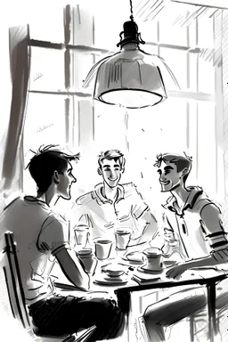 sketch style,, four guys having lunch at a vertical table, looking excited at the camera, lamp in the middle, painting on the right wall, two windows in the background, cozy lunch room, each person does something else,