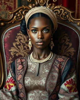 A stunning African woman with porcelain skin, high cheekbones, and piercing green eyes, dressed in a traditional embroidered sarafan, sits regally in a lavish, ornate chair, surrounded by opulent fabrics and gold accents, as if plucked from a 19th-century Russian aristocratic portrait, rendered in exquisite hyper-realistic detail, with the rich textures and subtle play of light and shadow characteristic of a masterful oil painting, reminiscent of the works of Ivan Kramskoi, Zinaida Serebriakova