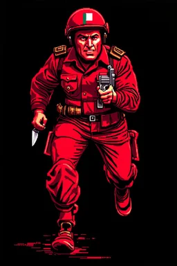 Italian soldier(uniform and face based on racist steriotypes) running towards viewer, a knife i one hand, and a gun(barrel pointing at viewer) in the other. blocky retro 1960's jack kirby style poster in monochrome with white background