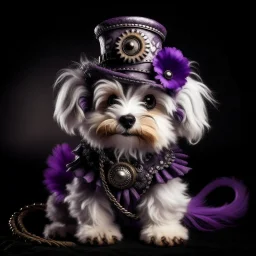 full body, Steampunk fluffy cute puppy, flower, purple black white, High resolution, top quality, sharp focus, 8k