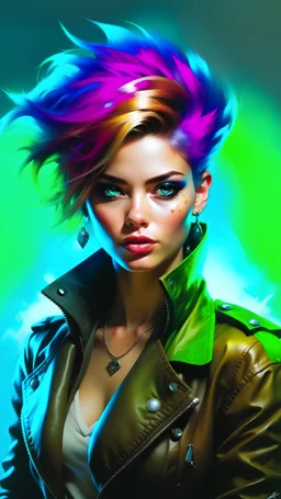 A supermodel with colorful hair, deep green eyes, mulberry lips, in half opened short brown leather jacket , studio lighting, highly detailed, art by Greg Rutkowski, WLOP, Wadim Kashin, James Gurney, Salvador Dali, Alphonse Mucha, Michelangelo, Russ Mills, Luis Royo, Alberto Seveso and Jeremy Mann