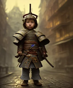 little boy samurai. shadows, Brent Weeks, Night Angel, cobblestone street alley, highly detailed, hyper-detailed, beautifully color-coded, insane details, intricate details, beautifully color graded, Cinematic, Color Grading, Editorial Photography, Depth of Field, DOF, Tilt Blur, White Balance, 32k, Super-Resolution, Megapixel, ProPhoto RGB, VR, Halfrear Lighting, Backlight, non photorealistic rendering