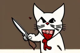 Cat diabolical smiling with a bloody knife with blood. Illustration.