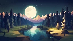 summer night, fir forest,river crosses a valley,moonlight,low poly