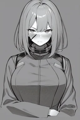 military girl, surprsed face, greyscale